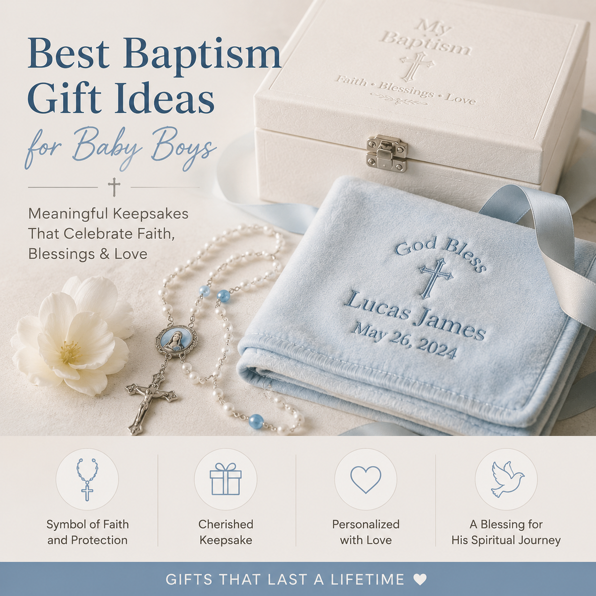 Baptism gift ideas for a baby boy including personalized Christian keepsakes