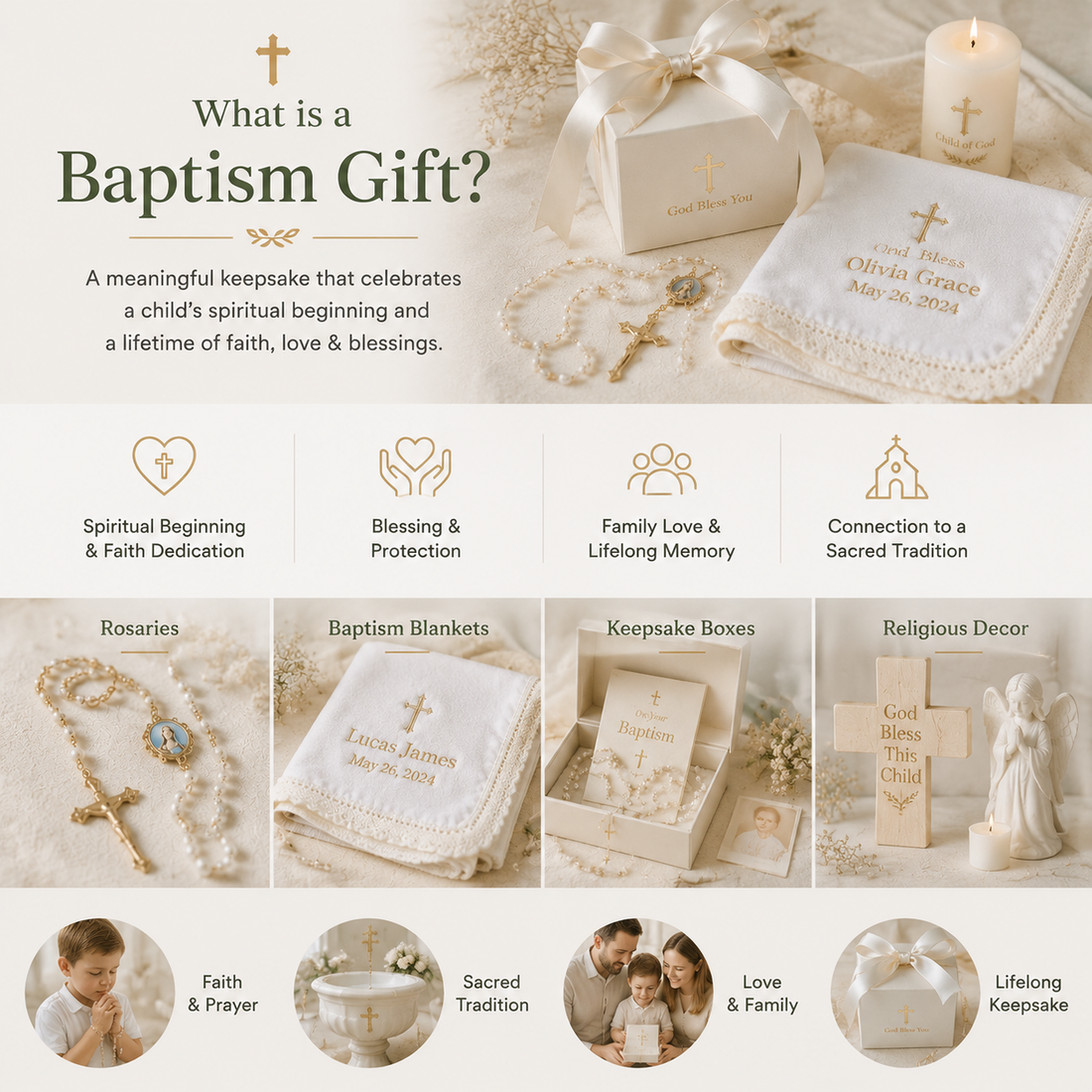 Baptism gift infographic with a rosary, personalized blanket, keepsake box, religious decor and family scenes