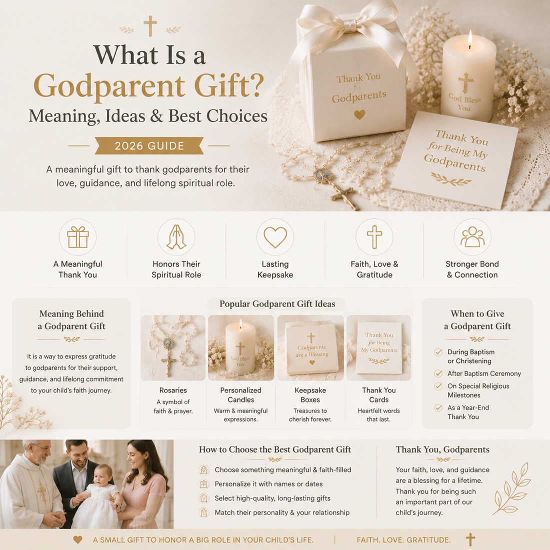 Godparent gift explainer infographic with a rosary, candle, keepsake box, thank-you card and baptism family