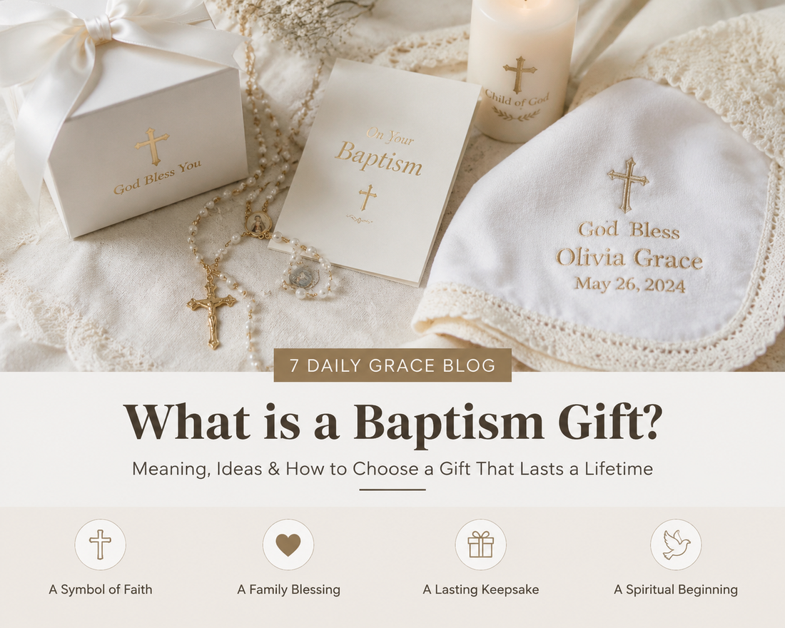 Baptism gift blog graphic with a rosary, embroidered blanket, candle, gift box and greeting card