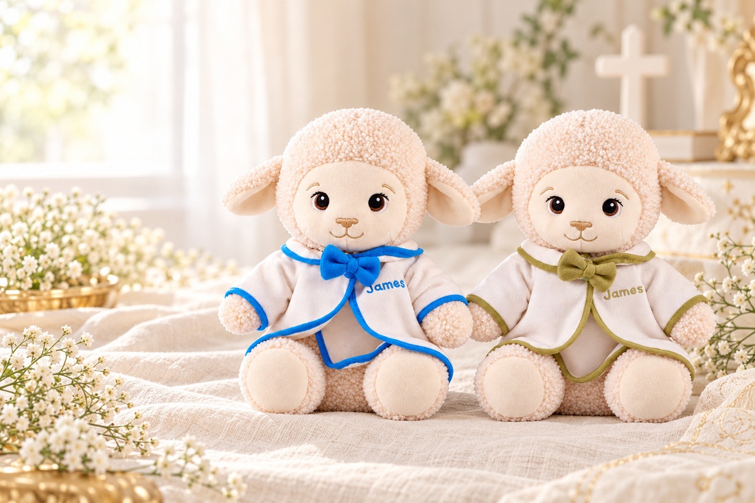 Two personalized Baptism lamb keepsakes in blue and sage green