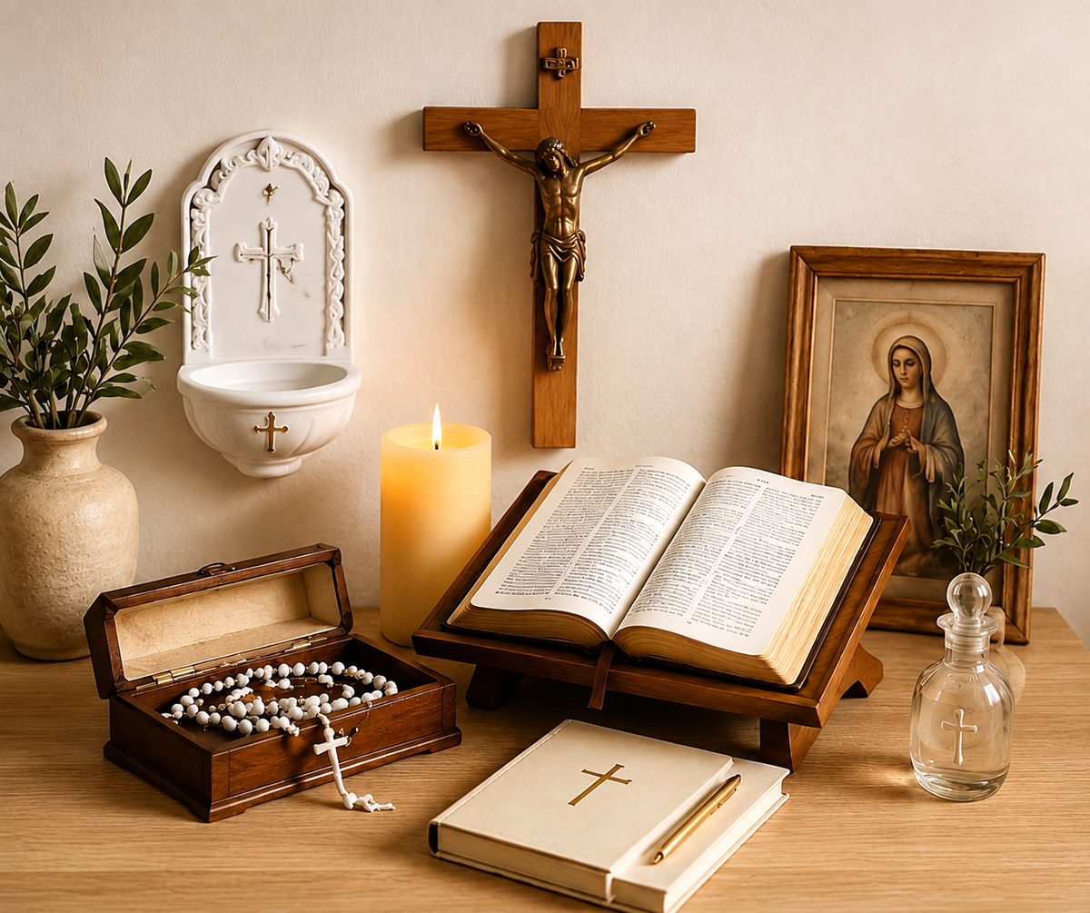 Christian prayer corner with holy water font, Bible, cross, rosary and candle in a peaceful home
