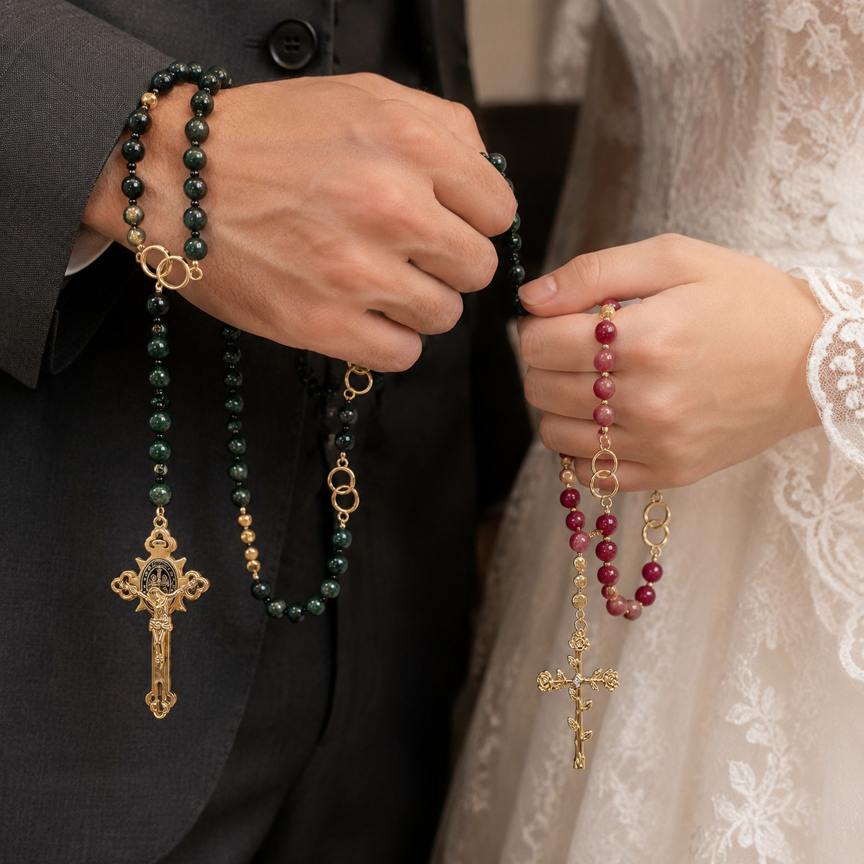 Bride and groom Catholic wedding rosary set chosen as a meaningful gift