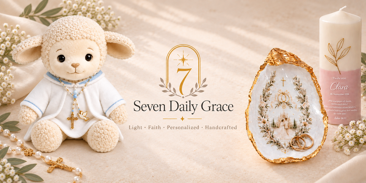Seven Daily Grace Catholic gifts collection featuring a baptism lamb, pearl rosary, wedding ring dish and personalized baptism candle