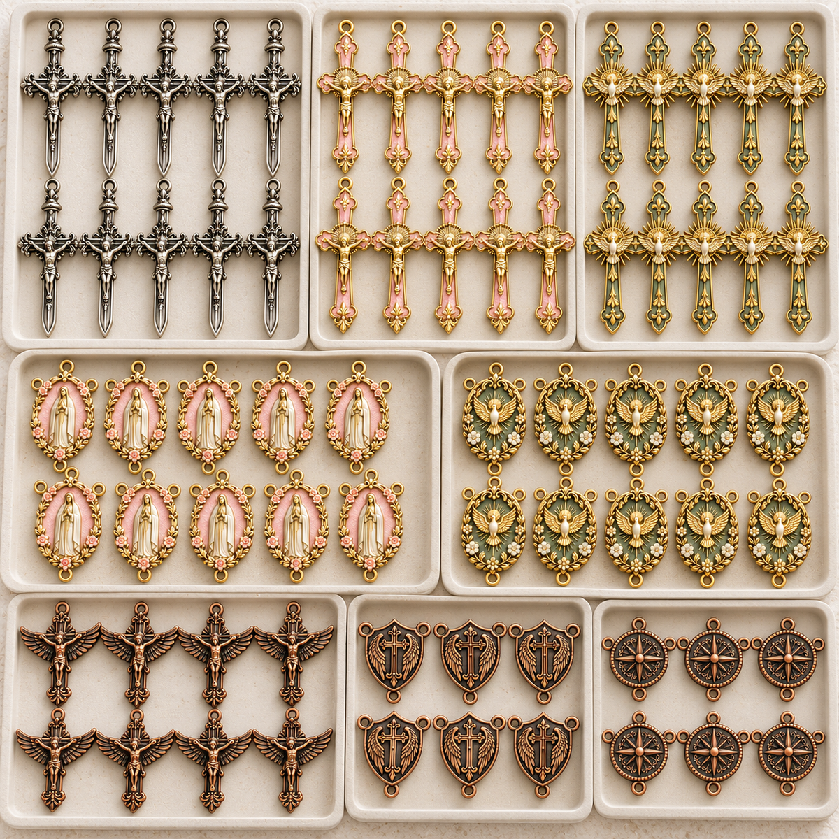 Wholesale Catholic rosary components arranged in organized bulk trays