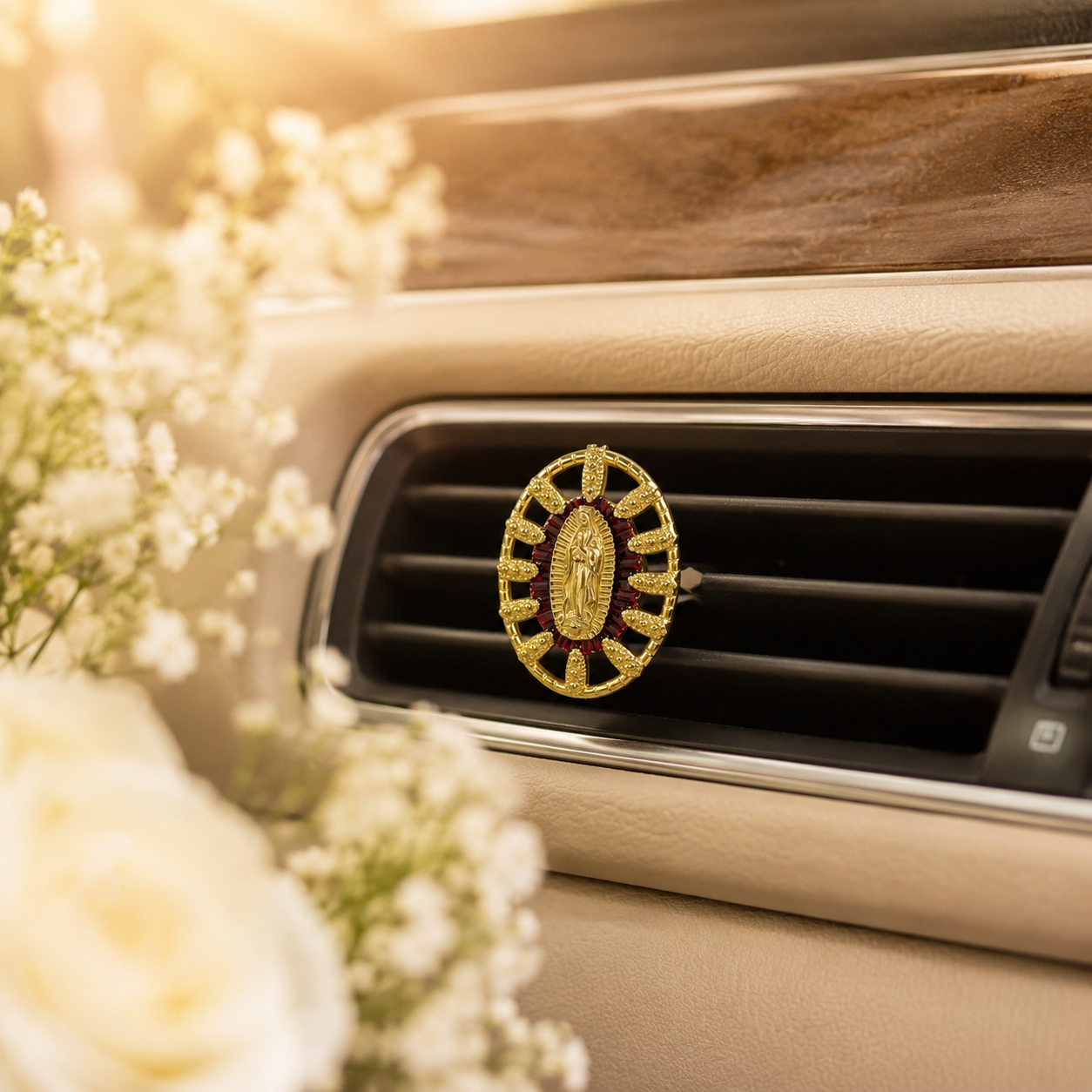 Virgin Mary Catholic car vent clip installed on vehicle air vent, elegant religious car decor with burgundy detail