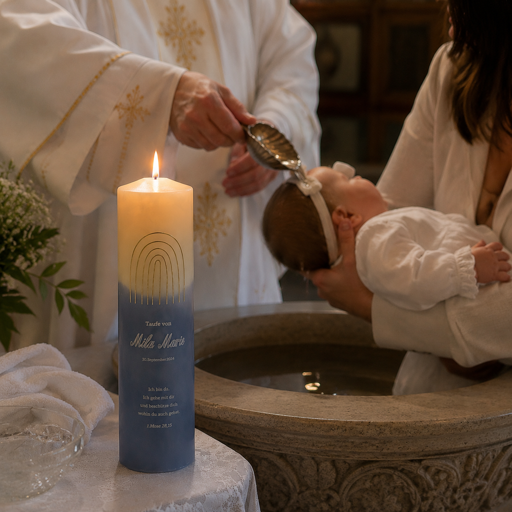 Modern christening candle displayed for a baby baptism ceremony with personalized name, date and blessing design