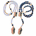 Catholic wedding rosary set featuring matching blue and clear prayer beads, gold-tone crucifixes, and Marian centerpieces for a sacred marriage ceremony.