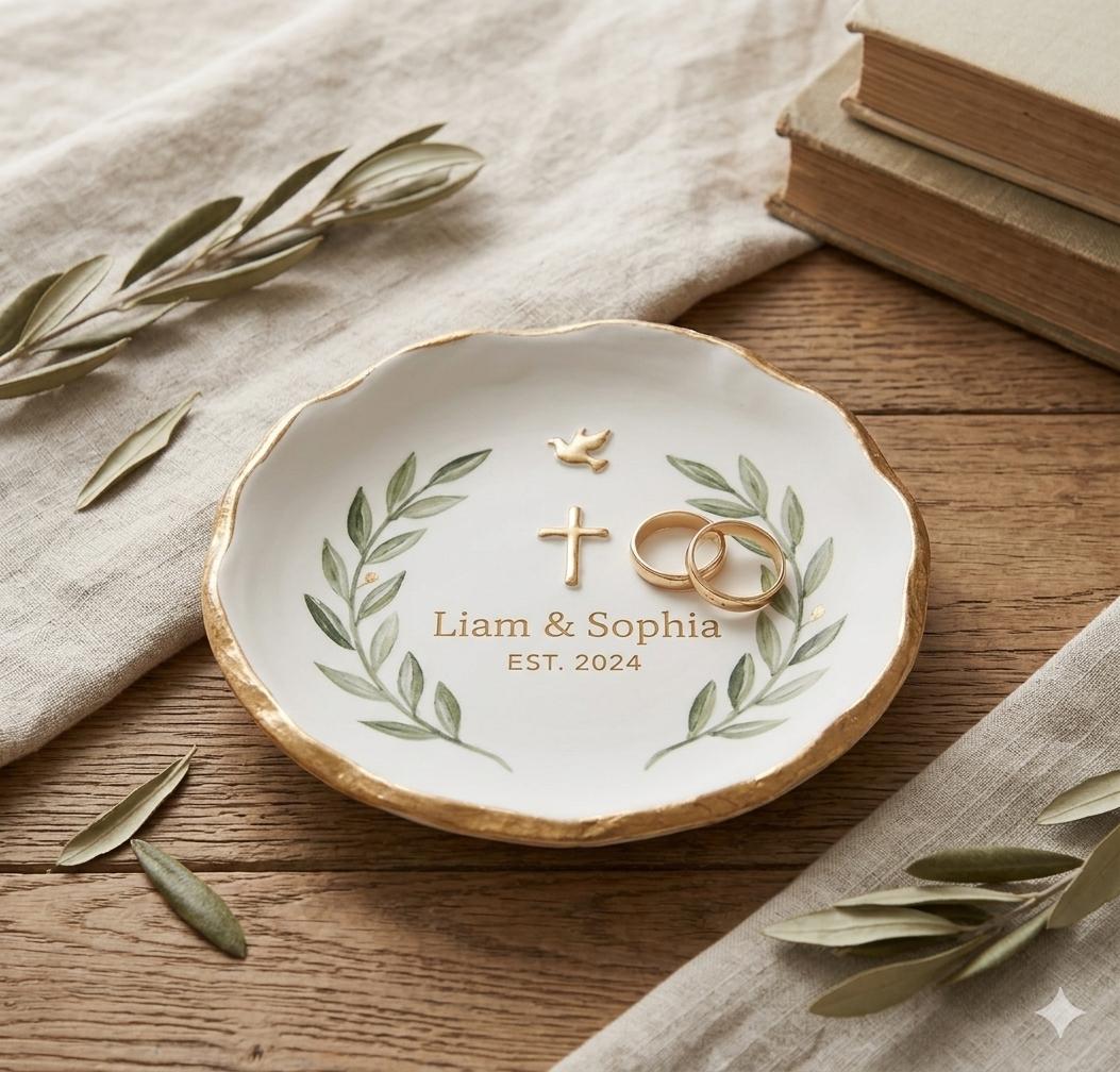 Personalized Wedding Ring Dish - Scalloped Gold Rim Jewelry Tray for Bride & Groom