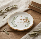 Personalized Wedding Ring Dish - Scalloped Gold Rim Jewelry Tray for Bride & Groom