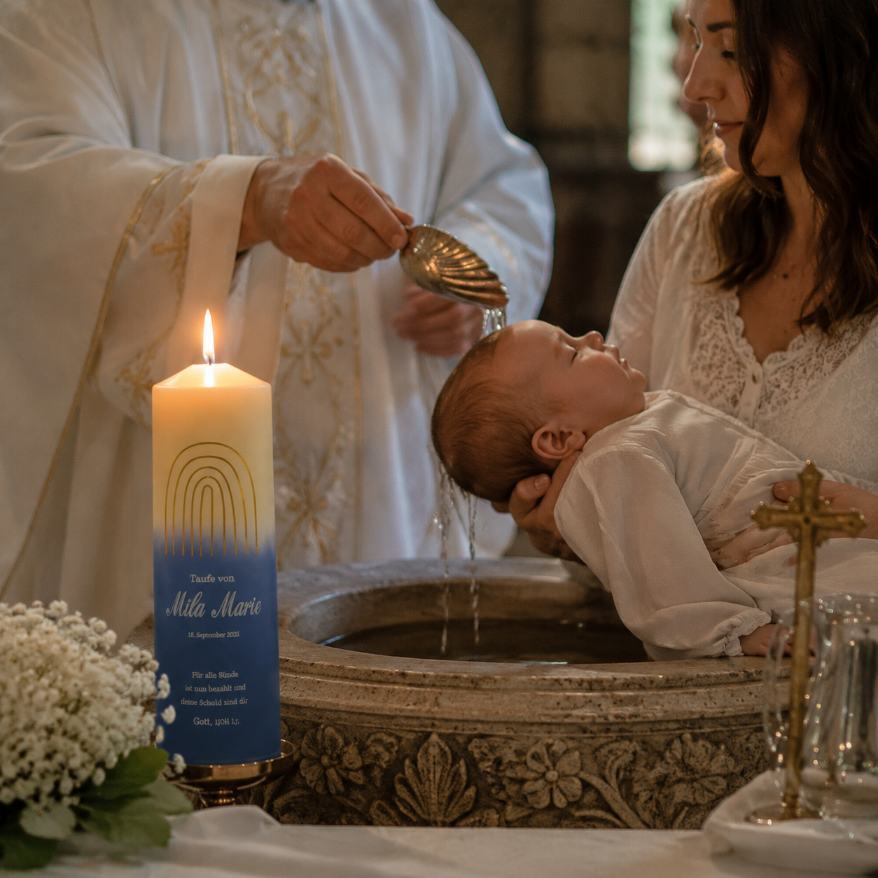 Modern personalized baptism candle displayed for a Christian christening ceremony with blue gradient design and blessing details