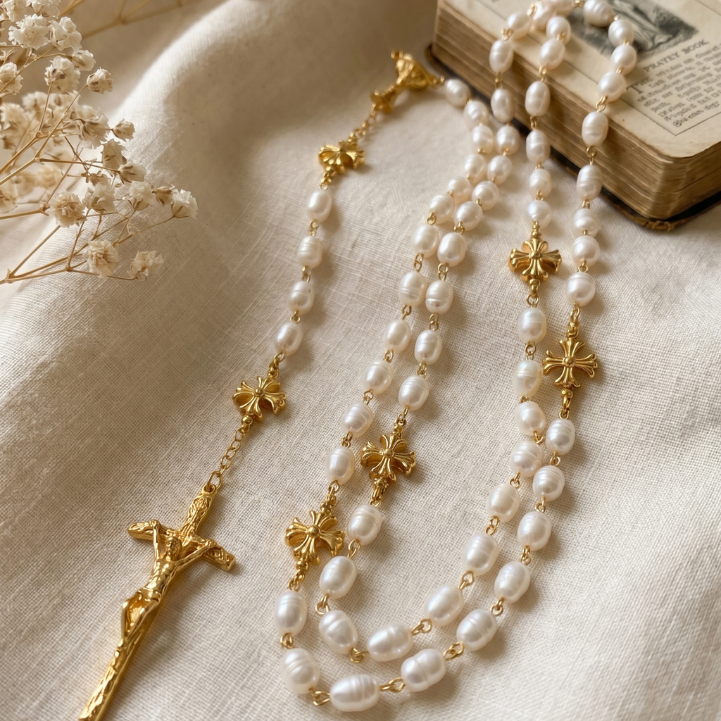 Freshwater pearl rosary gold crucifix Catholic prayer rosary handcrafted keepsake