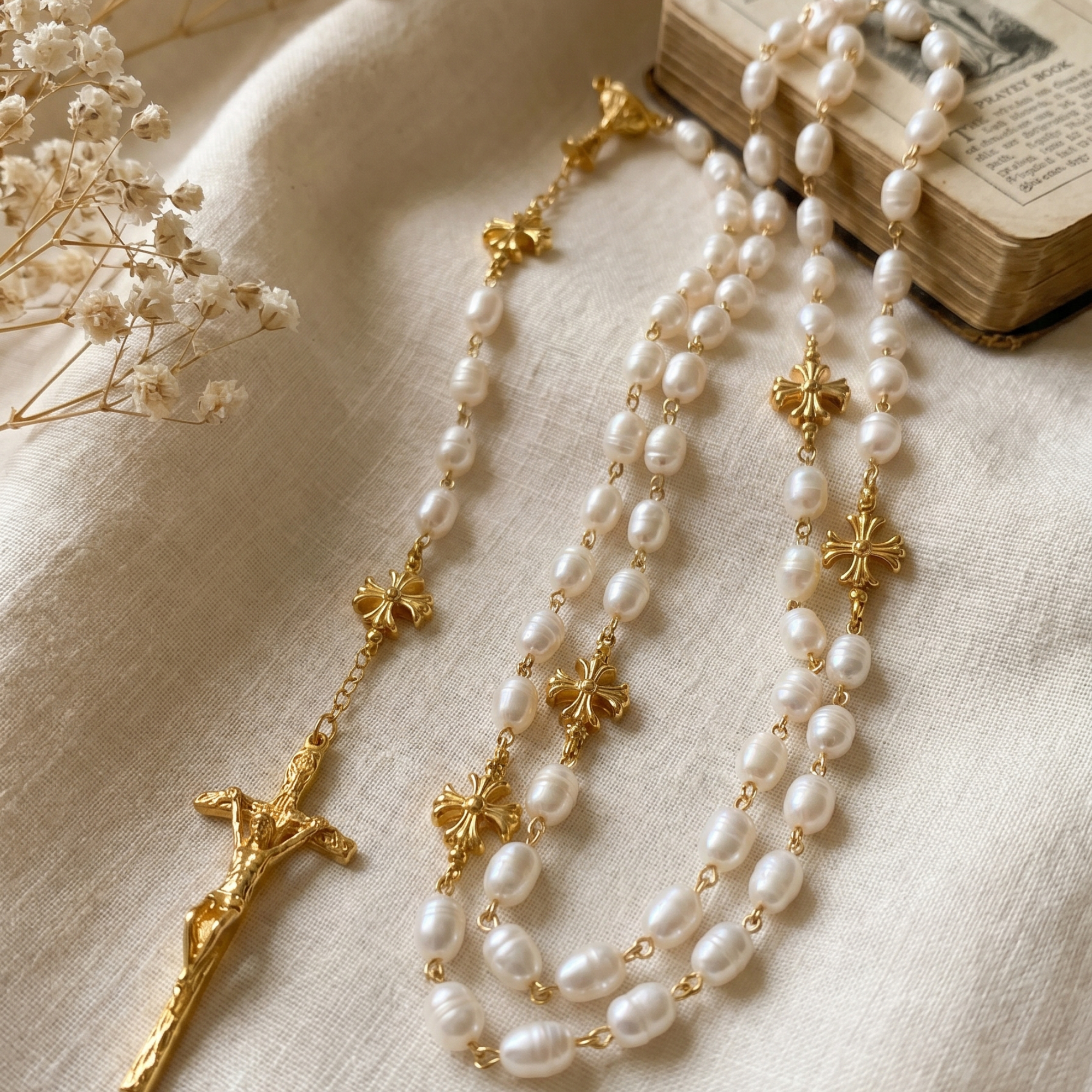 Freshwater pearl rosary gold crucifix Catholic prayer rosary handcrafted keepsake