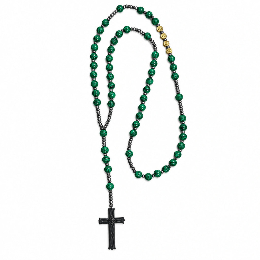 Handmade men’s Catholic rosary with green stone-style beads, dark metal spacers, gold letter details, and silver crucifix.