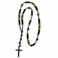 Handmade men’s Catholic rosary with black beads, tiger-eye accents, green stone-style beads, dark metal details, and black crucifix.