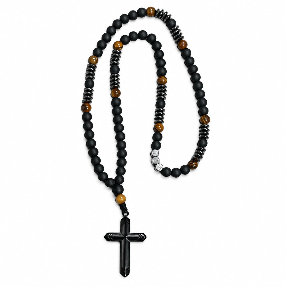 Handmade men’s black Catholic rosary with matte black beads, tiger-eye accents, dark metal details, and black crucifix.