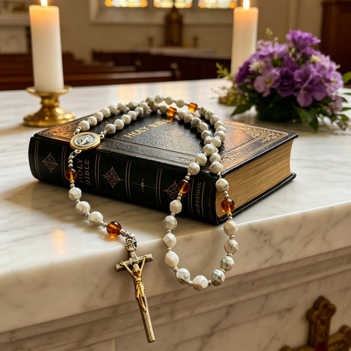 Catholic Rosary Necklace | Natural Stone Prayer Beads for Baptism, Confirmation & Christian Gift