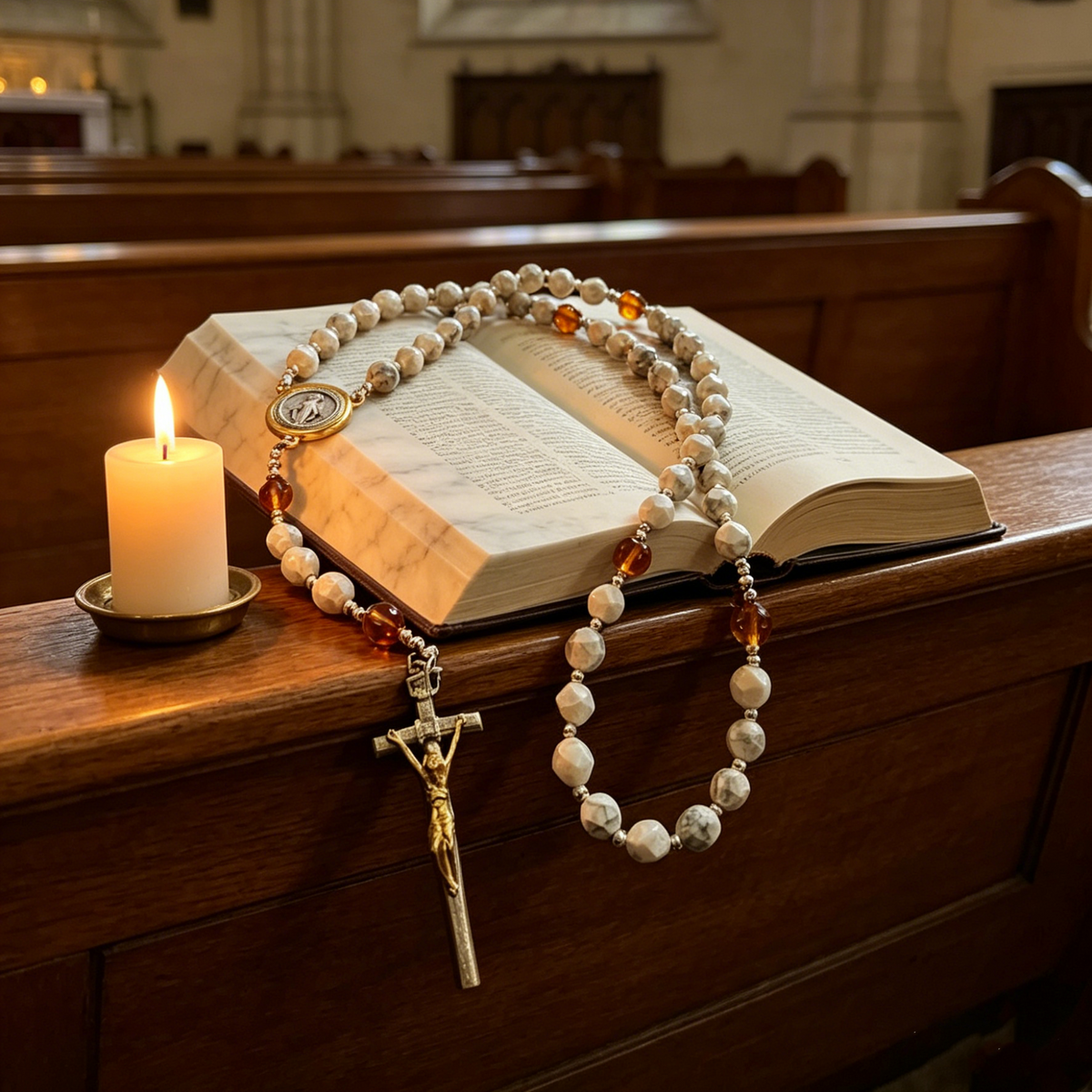 Catholic rosary necklace with crucifix and prayer beads on an open Bible beside a candle in church