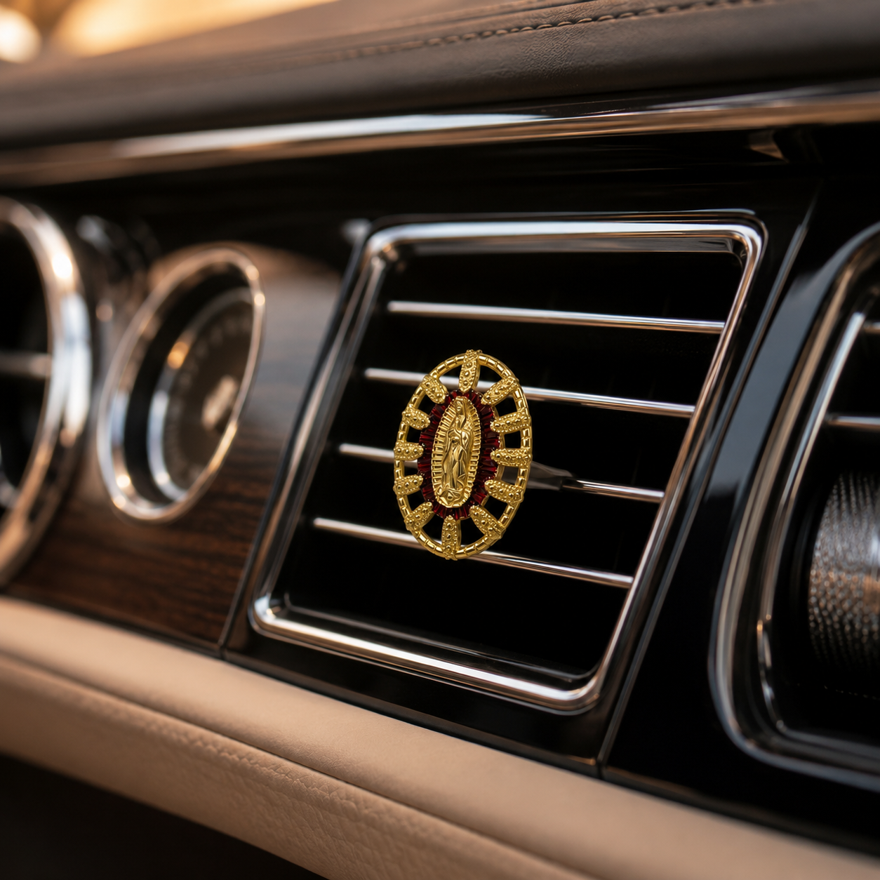 Burgundy Virgin Mary car vent clip with gold religious charm, Catholic faith car accessory for drivers