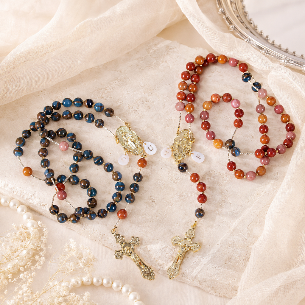 Personalized wedding rosary set for couples with gold crucifixes and Marian centerpieces, a thoughtful Catholic marriage gift.