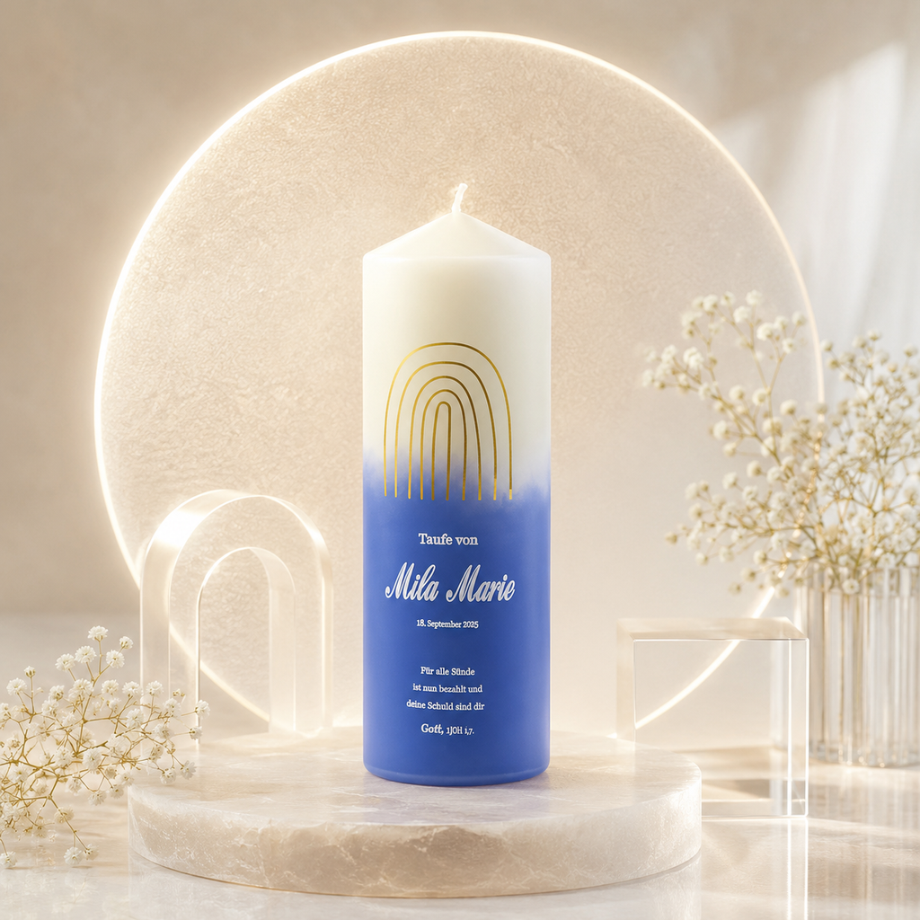 Custom baptism candle featuring a gold rainbow arch design, personalized baby name, date and Christian keepsake details