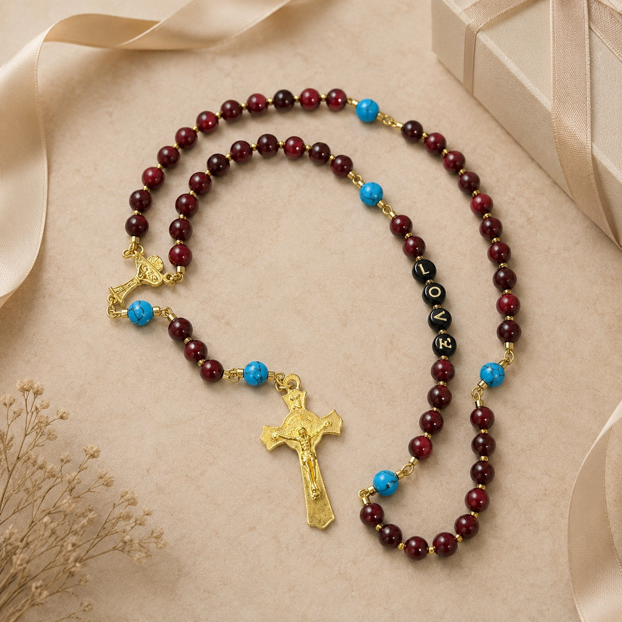 Red Catholic Rosary Beads with Gold Crucifix, Handmade Prayer Beads with Turquoise Accent, Confirmation Baptism Gift for Her