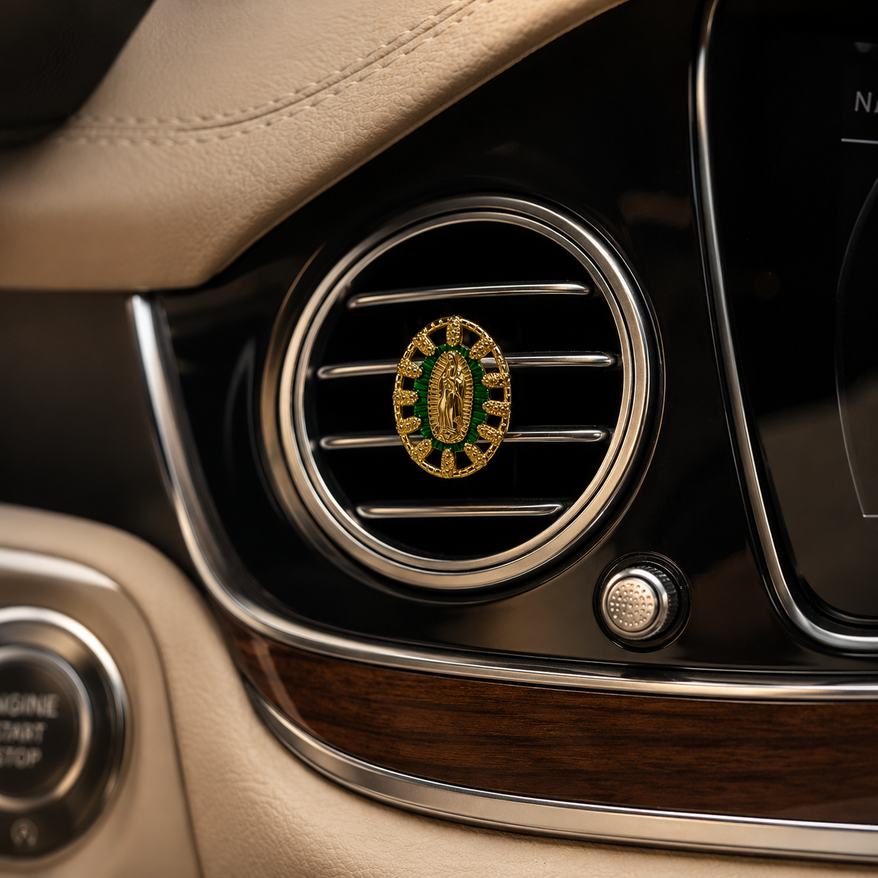 Catholic car air vent clip with Virgin Mary medal design, green religious charm and Christian vehicle decor