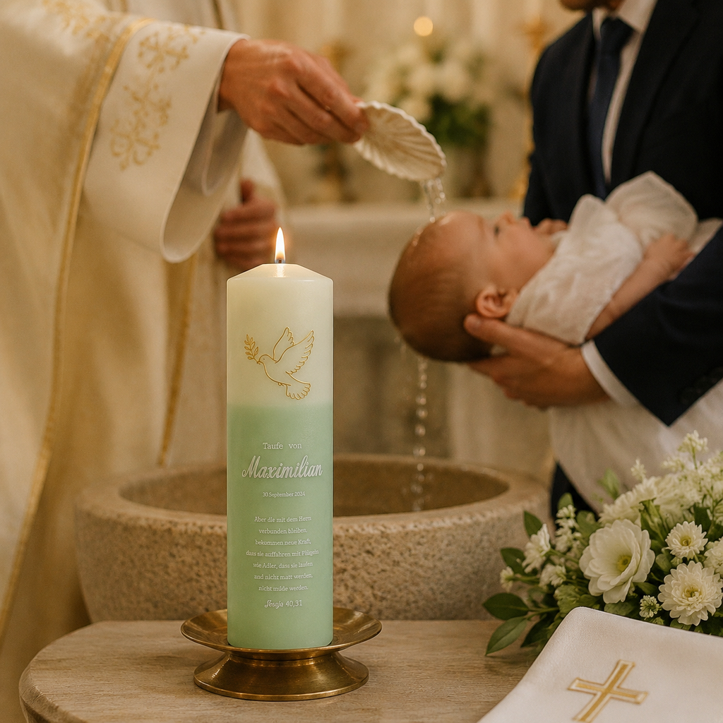 Handmade christening candle personalized with baby name, baptism date and faith inspired design