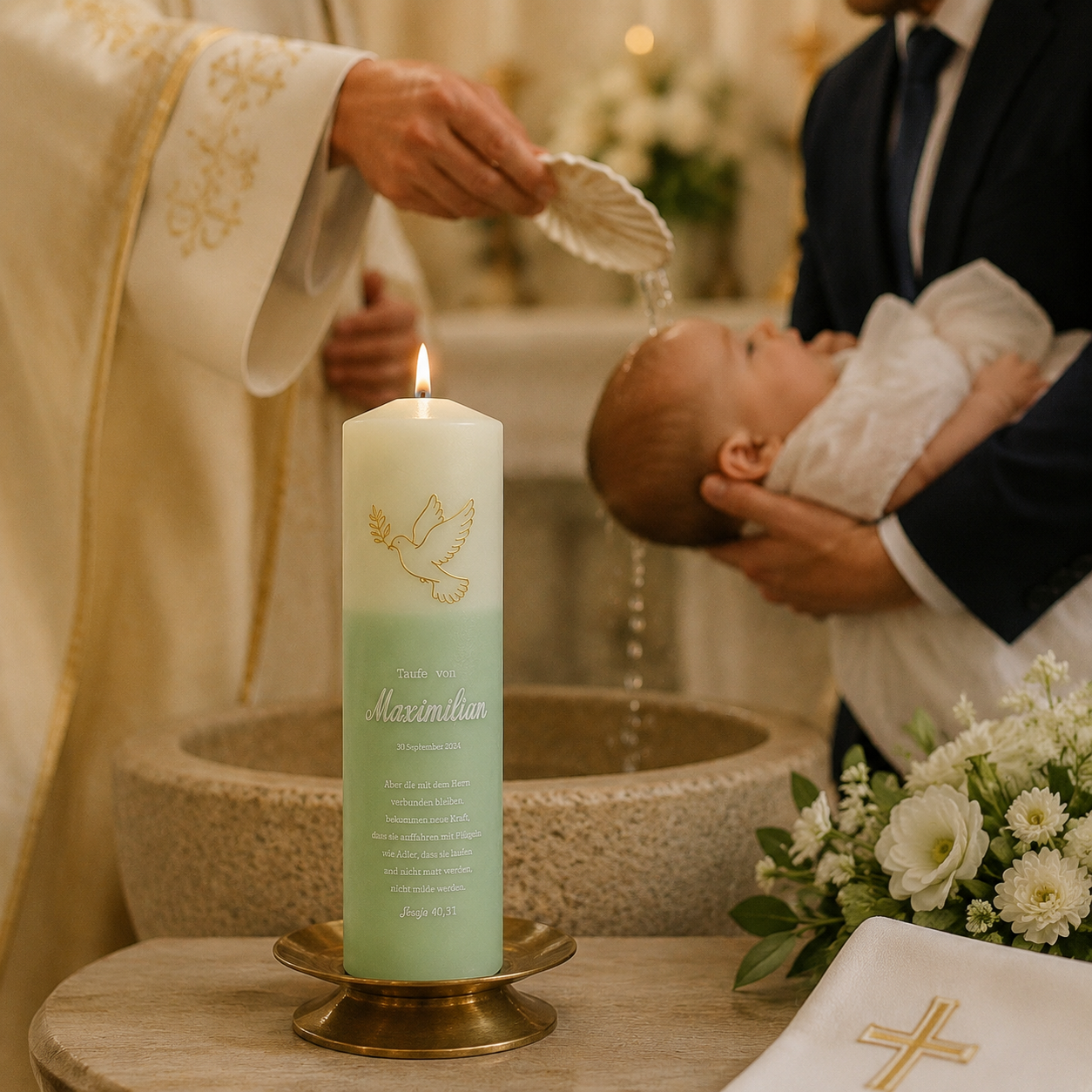 Handmade christening candle personalized with baby name, baptism date and faith inspired design