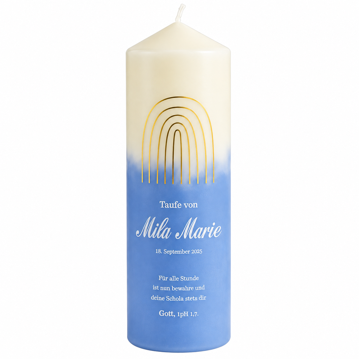 Vela de bautizo personalizada con arcoíris azul polvoriento