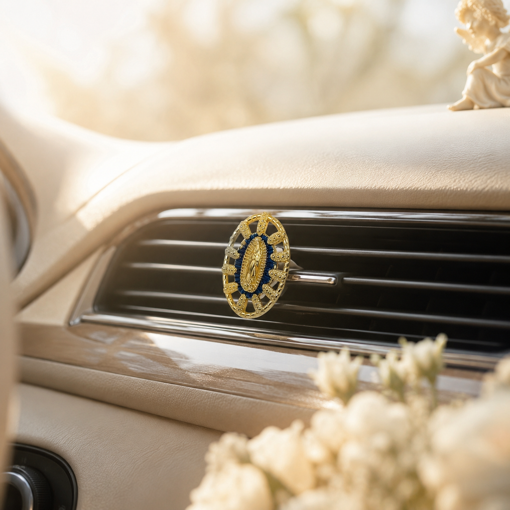 Green Virgin Mary car vent clip attached to vehicle air conditioner vent, Catholic faith car accessory