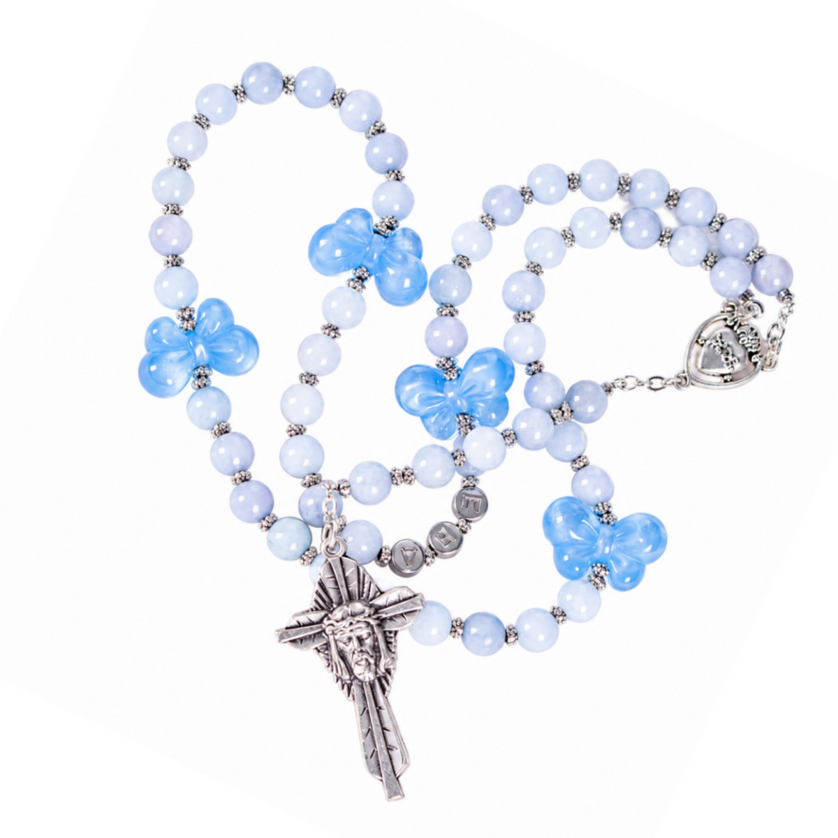 Rosario católico floral azul