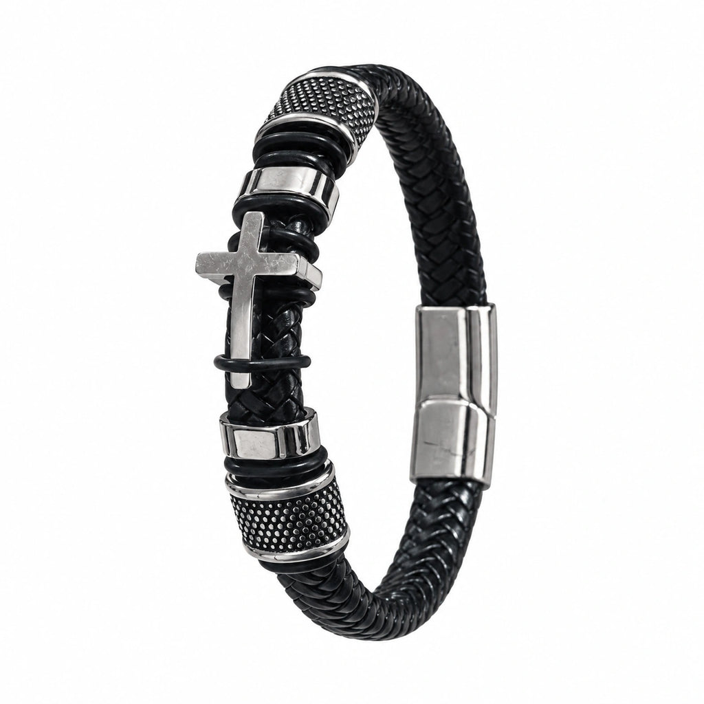 Personalized men’s cross bracelet with black braided band, metal cross detail, and custom engraving for a meaningful Christian faith gift.