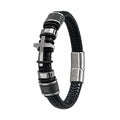 Personalized men’s cross bracelet with black braided band, metal cross detail, and custom engraving for a meaningful Christian faith gift.