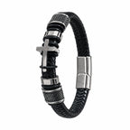 Personalized men’s cross bracelet with black braided band, metal cross detail, and custom engraving for a meaningful Christian faith gift.
