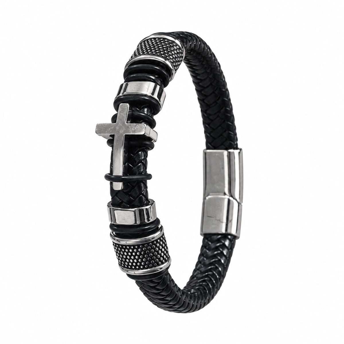Personalized men’s cross bracelet with black braided band, metal cross detail, and custom engraving for a meaningful Christian faith gift.