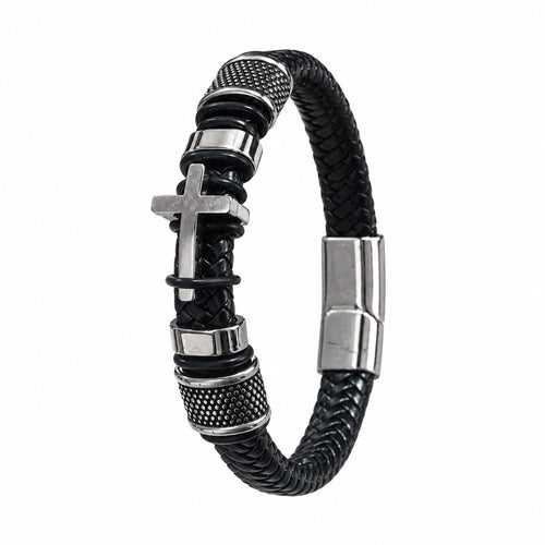 Personalized men’s cross bracelet with black braided band, metal cross detail, and custom engraving for a meaningful Christian faith gift.