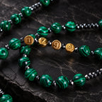 Men’s Catholic prayer beads with green natural stone-style patterns, dark metal spacer beads, and handmade rosary details.