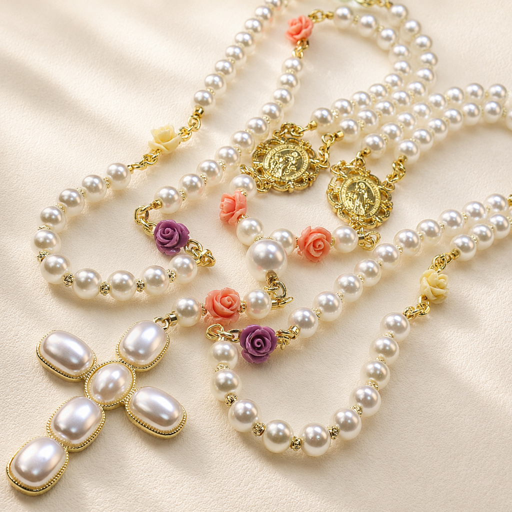Pearl wedding rosary with white pearl-style beads, colorful flower details, and gold religious charms for Catholic wedding prayer.