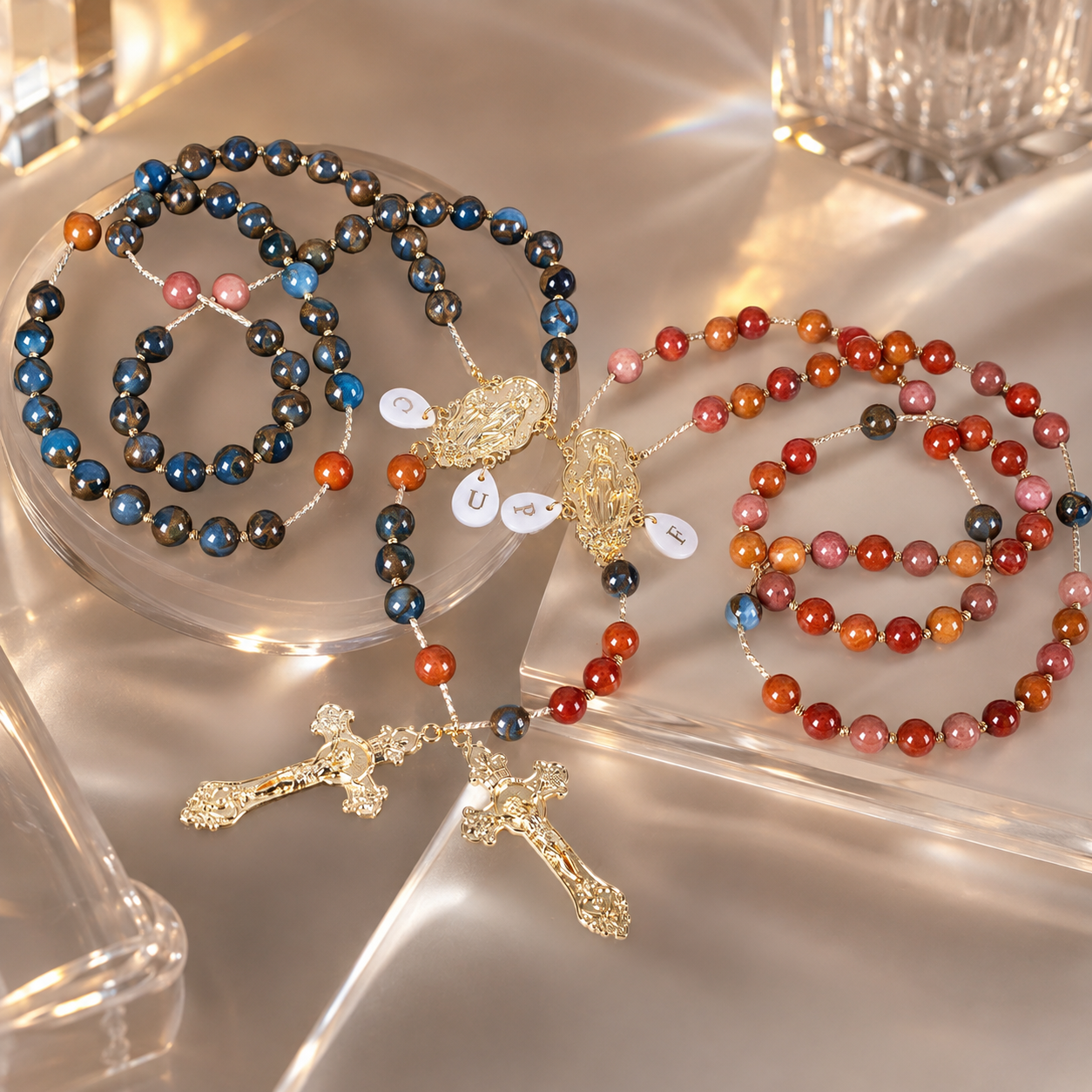 Matching couple wedding rosary set designed for bride and groom, featuring warm beads, gold religious details, and personalized initials.