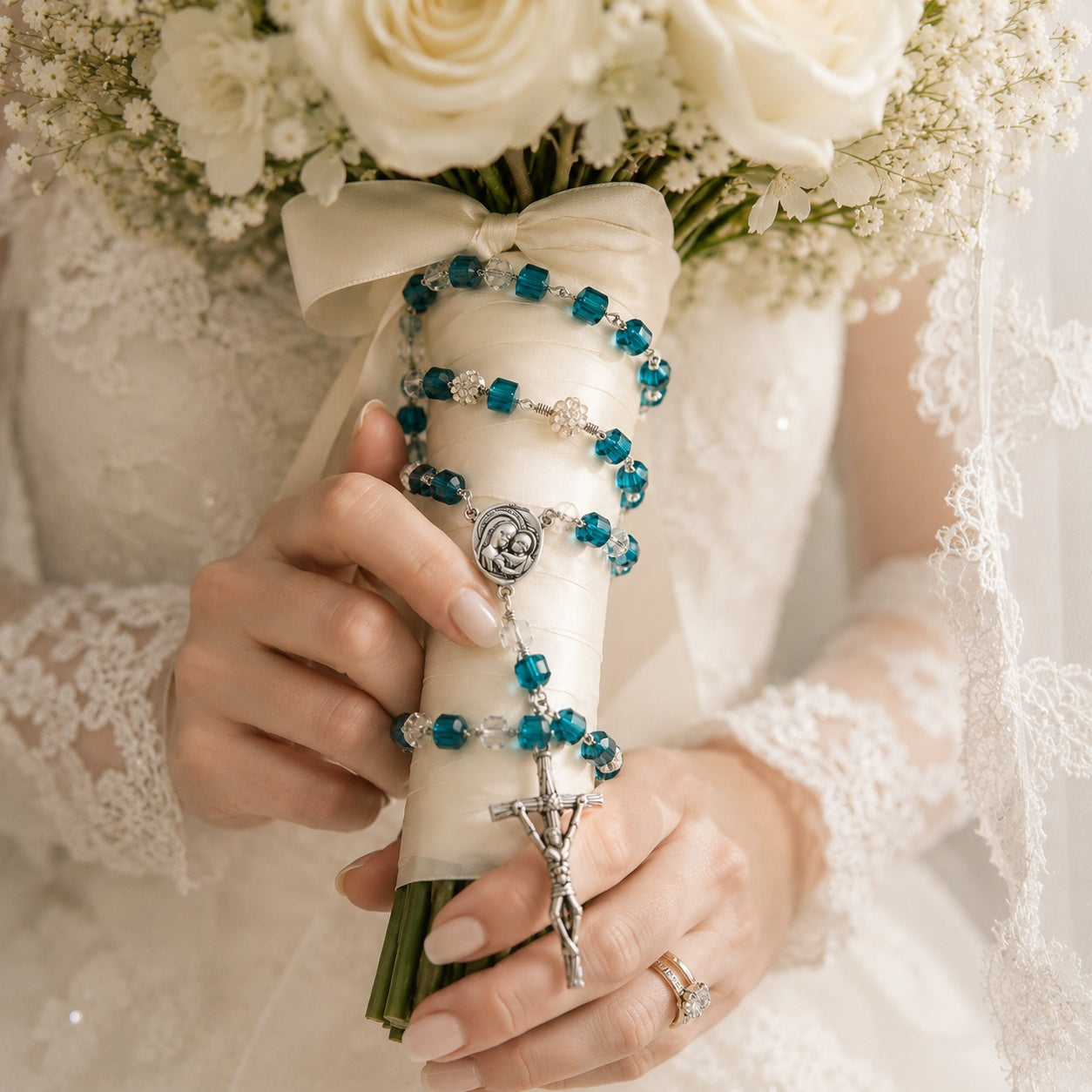 Blue Catholic wedding rosary for bride with elegant blue beads, silver crucifix, and crystal accents, displayed as a meaningful bridal bouquet prayer keepsake for a church wedding.