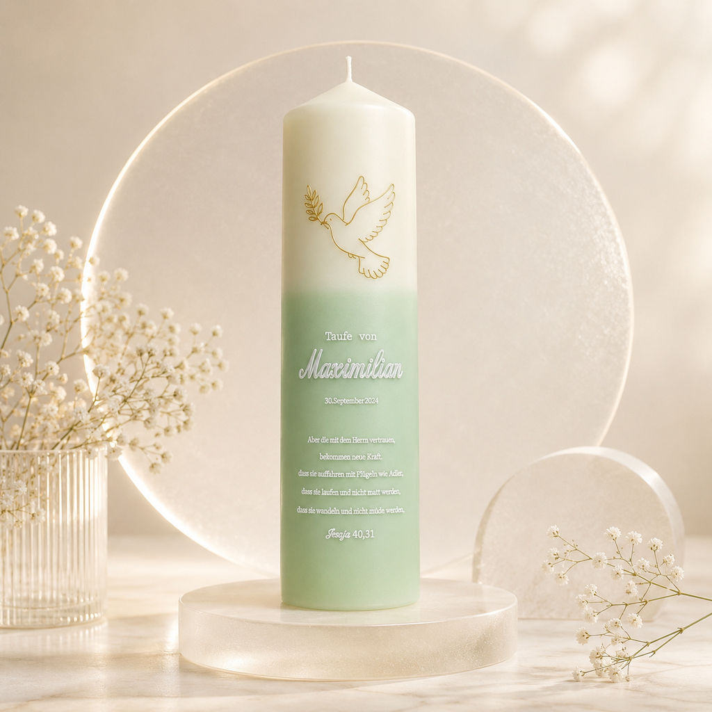 Custom baptism candle with olive green gradient, gold dove symbol and Bible verse for Christian keepsake gift