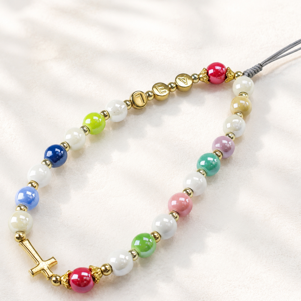 Colorful crystal Catholic phone charm with rainbow beads and gold cross pendant, handmade faith accessory for phone decoration
