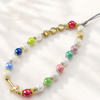 Colorful crystal Catholic phone charm with rainbow beads and gold cross pendant, handmade faith accessory for phone decoration