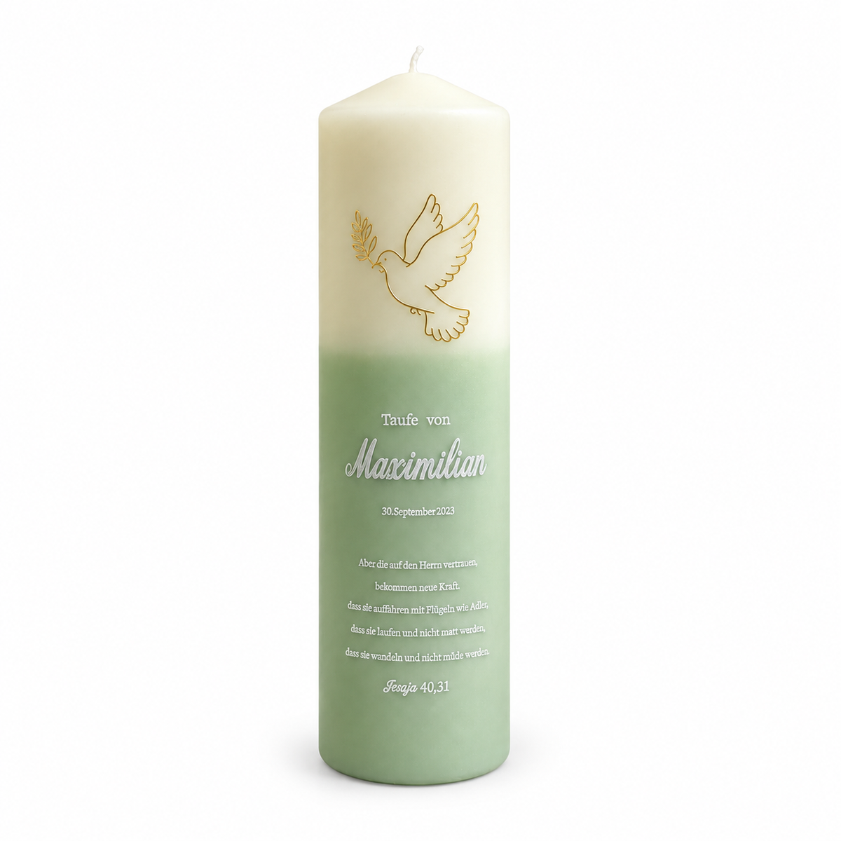 Sage dove personalized baptism candle for a child’s christening