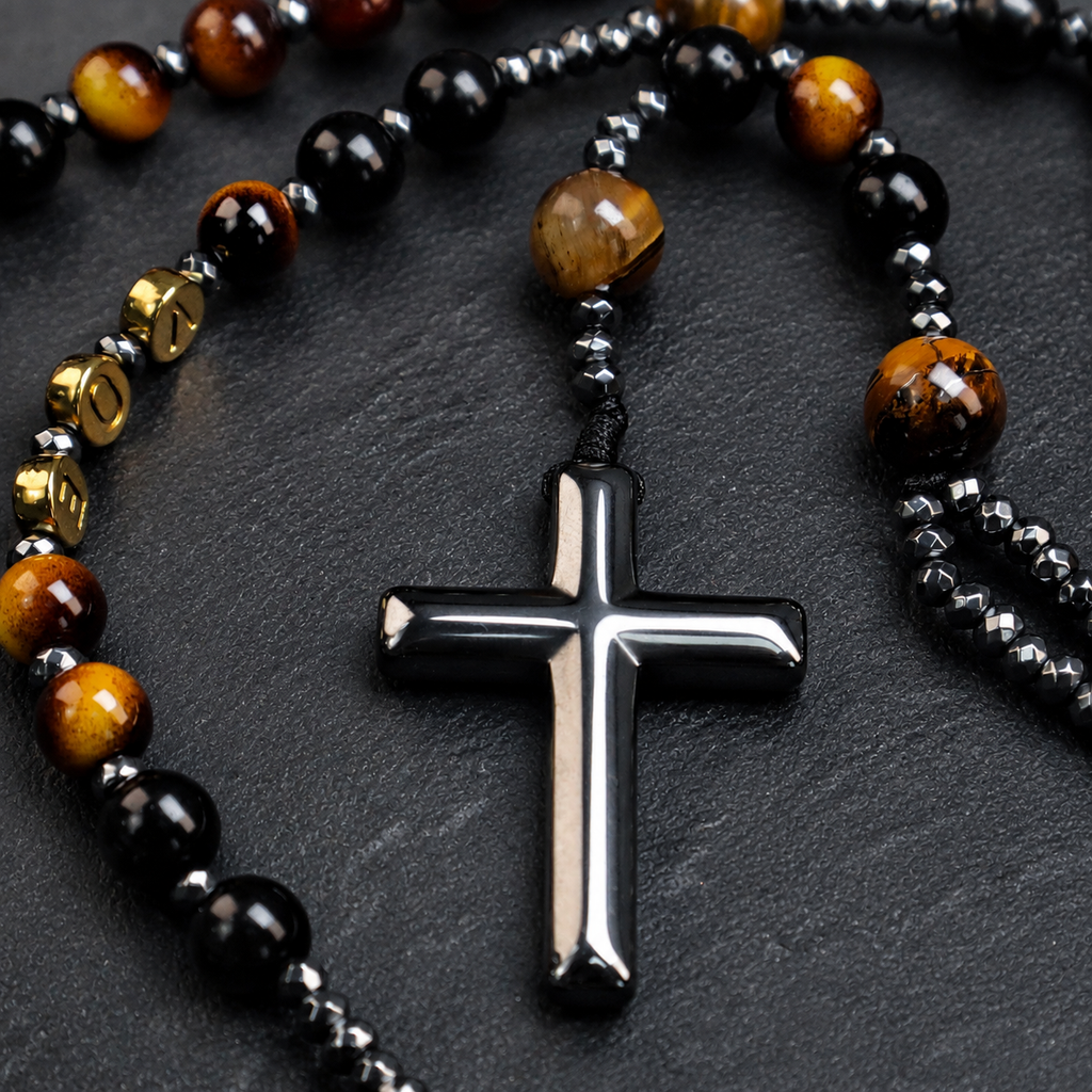 Detailed silver cross pendant attached to a men's black rosary with natural stone beads and classic Catholic design.