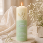 Sage green Catholic baptism candle for baby christening, personalized religious ceremony decoration
