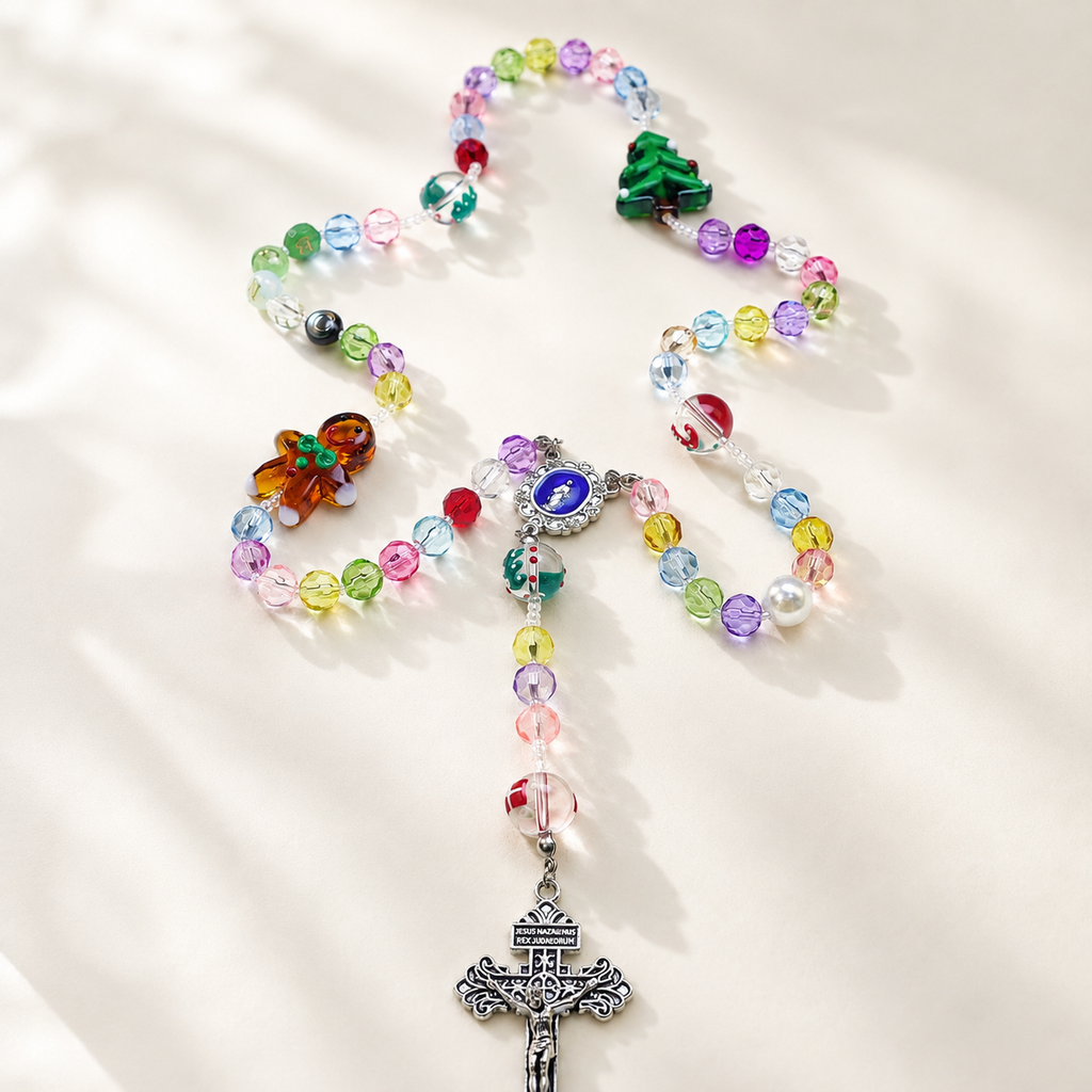 Colorful Catholic kids rosary with vibrant glass beads, handmade religious details, and a crucifix centerpiece designed for children's prayer and faith gifts.