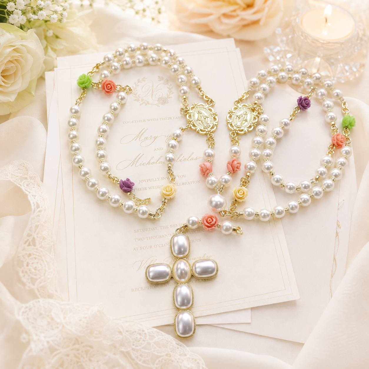 Elegant Catholic wedding lasso rosary designed as a meaningful bridal gift, marriage keepsake, and faith blessing for couples.