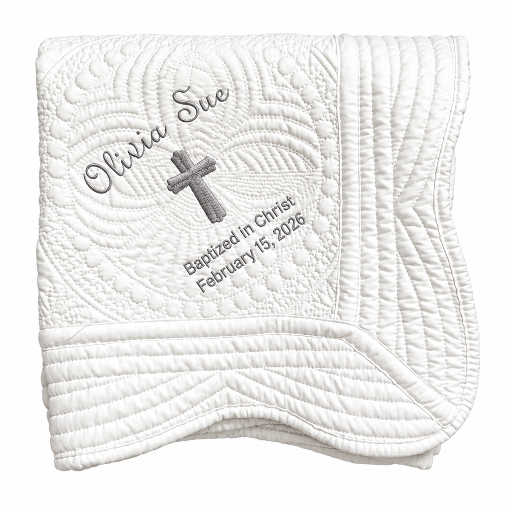 Personalized baptism blanket with a child's name and baptism date